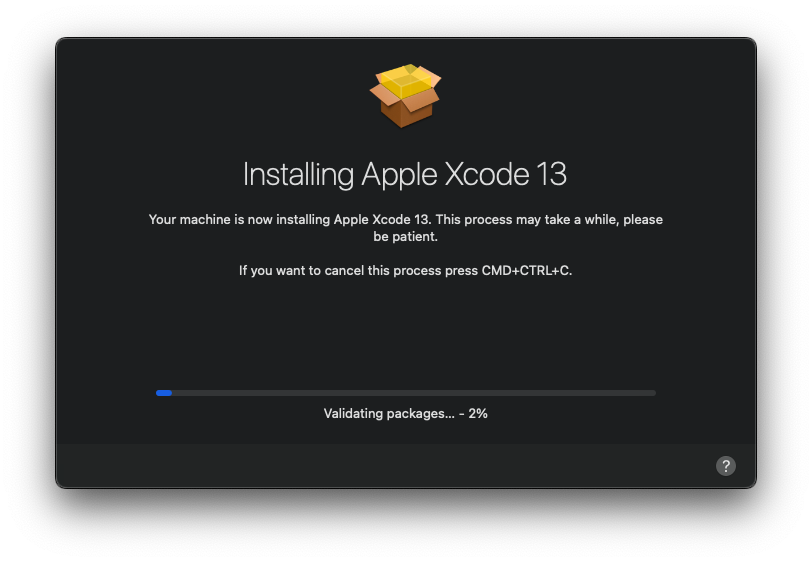 Example of Xcode preparing to install with the large install helper