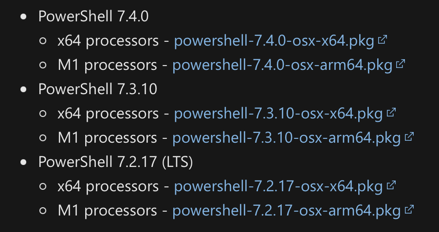 A screenshot of Powershell downloads showing different versions per architecture